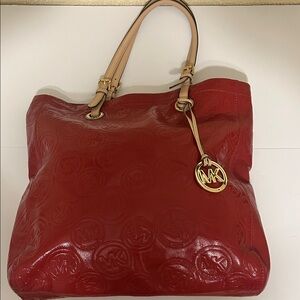 Michael Kors Red Patent Tote with Tan Handles and Gold MK Charm